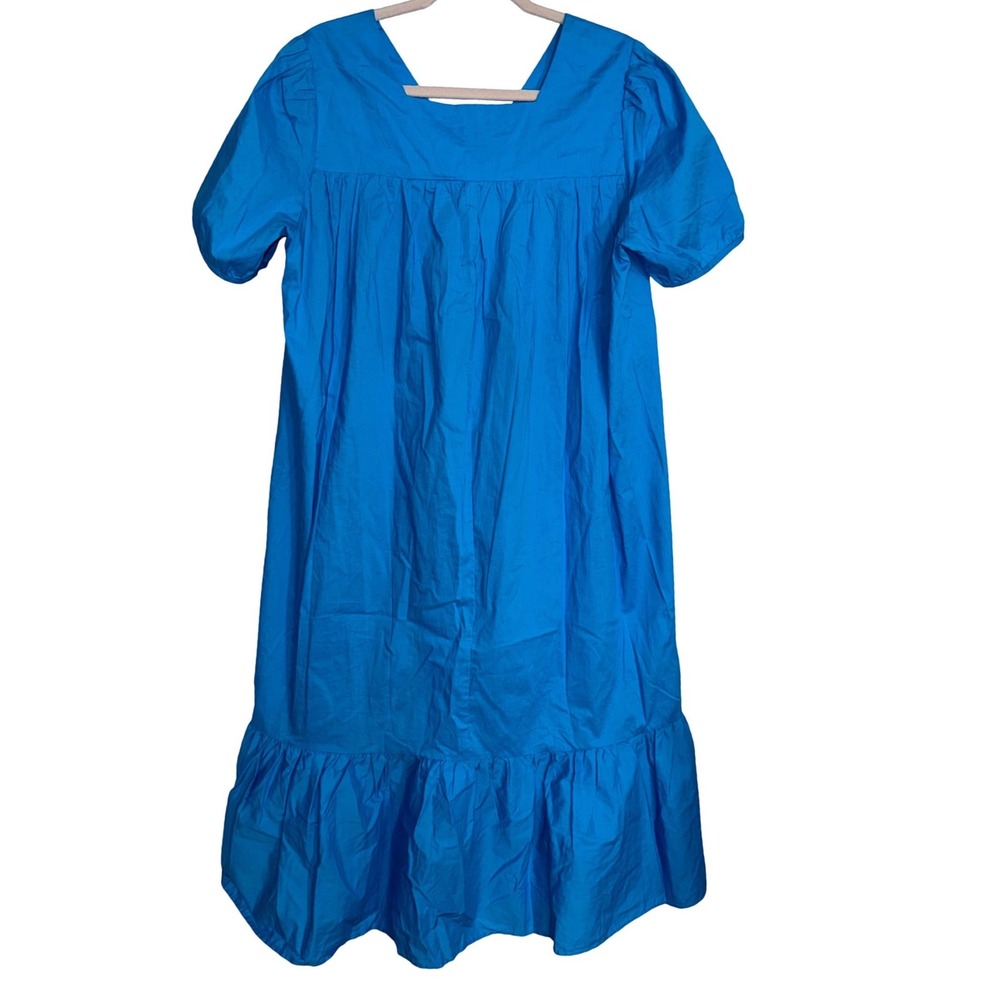 Day + Moon Blue Cotton Poplin V-Neck Puff Sleeve Midi Dress Large NEW - Picture 4 of 5